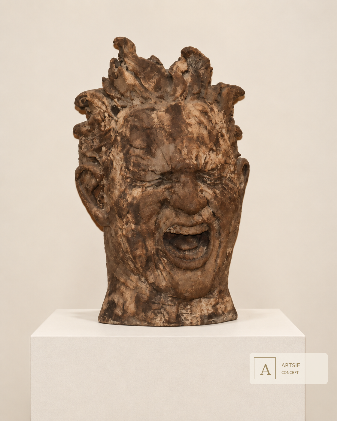 Enough, Head, a bronze sculpture by Matteo Pugliese, shown frontally on a neutral plinth